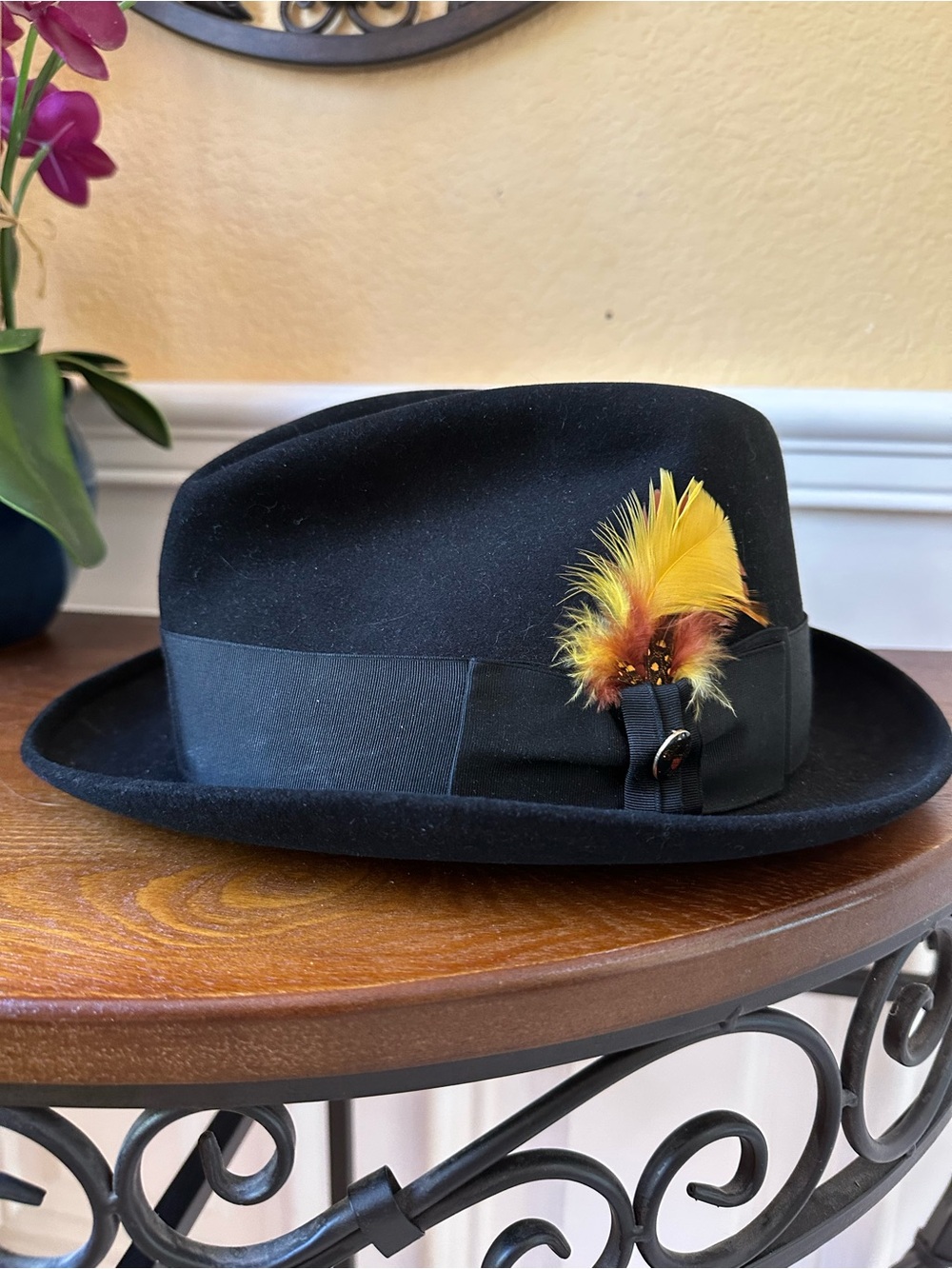 Churchill Ltd. Classic Black Wool Men’s Derby Hat with Yellow Feather Accent